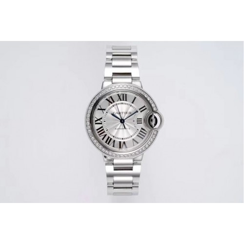 Cartier Ballon Bleu 33mm SS AF 1:1 Best Edition Diamond Bezel White Textured Dial on SS Bracelet Cal.076