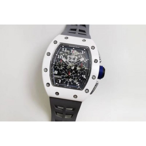 Richard Mille RM011 Real White Ceramic Chronograph KVF 1:1 Best Edition Crystal Skeleton Dial Blue on Gray Rubber Strap A7750