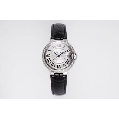 Cartier Ballon Bleu 33mm SS AF 1:1 Best Edition Diamond Bezel White Textured Dial on Black Leather Strap Cal.076