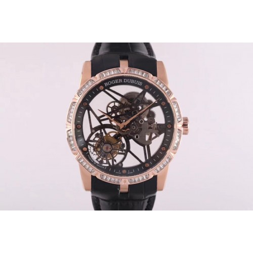 Roger Dubuis Excalibur Rddbex0392 RG BBR Best Edition Skeleton Dial Diamond Bezel on Black Leather Strap A2136 Tourbillon