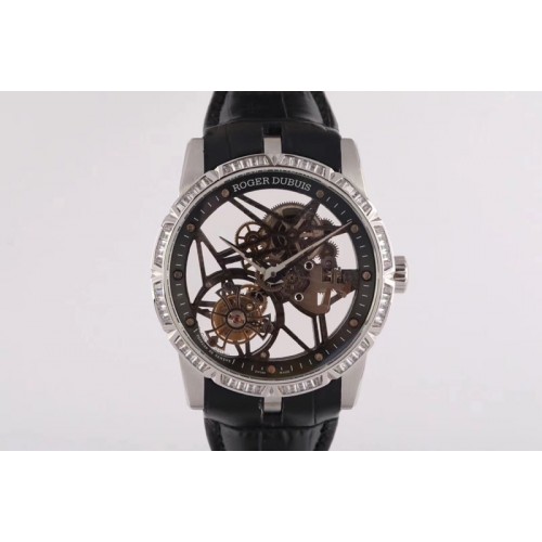 Roger Dubuis Excalibur Rddbex0393 SS BBR Best Edition Skeleton Dial Diamond Bezel on Black Leather Strap A2136 Tourbillon