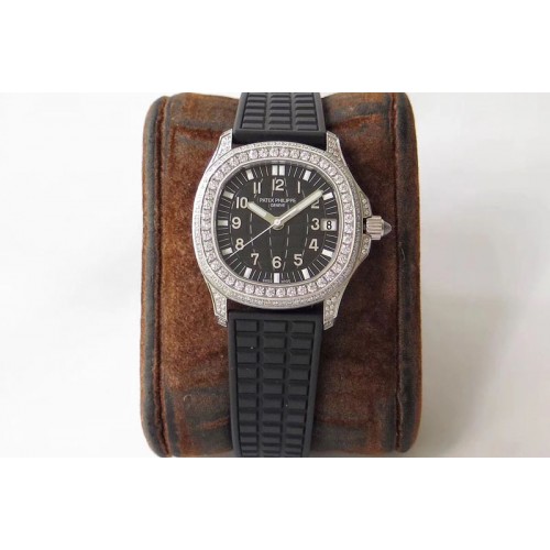 Patek Philippe Aquanaut 5068 SS Full Paved Diamonds PPF 1:1 Best Edition Black Textured Dial on Black Rubber Strap 324CS