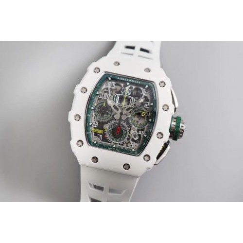 Richard Mille RM011 Real White Ceramic Chronograph KVF 1:1 Best Edition Crystal Skeleton Dial Green on Green Rubber Strap A7750