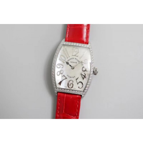 Franck Muller Casablanca SS Full Paved Diamonds Mop White Dial on Red Leather Strap Swiss Quartz