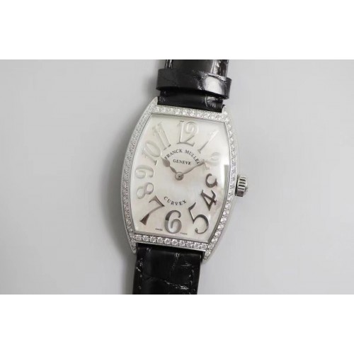 Franck Muller Casablanca SS Full Paved Diamonds Mop White Dial on Black Leather Strap Swiss Quartz