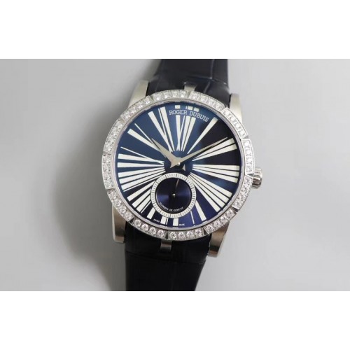 Roger Dubuis Excalibur 36mm SS PF 1:1 Best Edition Blue Dial Diamonds Bezel on Blue Leather Strap A830