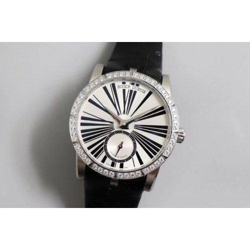 Roger Dubuis Excalibur 36mm SS PF 1:1 Best Edition White Dial Diamonds Bezel on Black Leather Strap A830