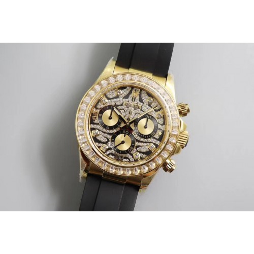 Rolex Daytona YG JHF Best Edition Leopard Textured Diamonds Dial Diamonds Bezel on Black Rubber Strap A4130