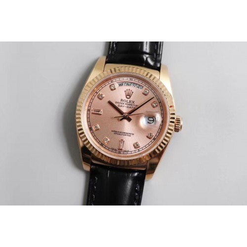 Rolex Day-date 36mm TR Best Edtion RG/LE Pink Dial Black Leather Strap A2836