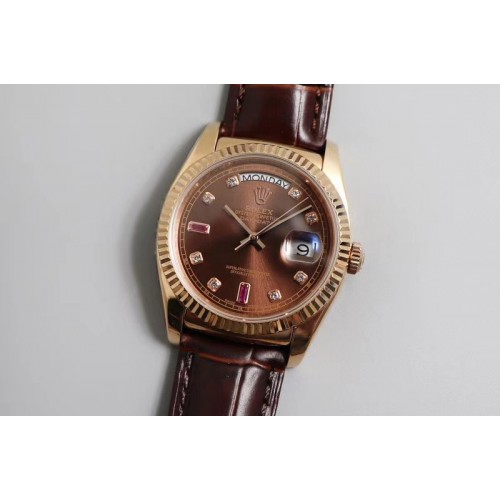 Rolex Day-date 36mm TR Best Edtion RG/LE Brown Dial Brown Leather Strap A2836