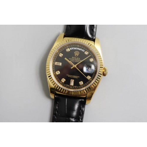 Rolex Day-date 36mm TR Best Edtion YG/LE Black Dial Brown Leather Strap A2836