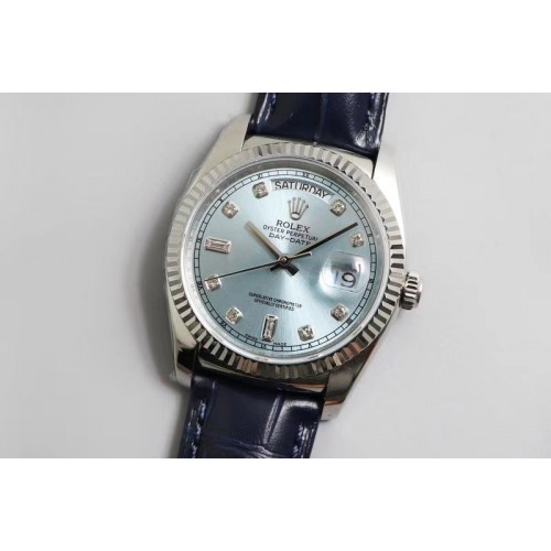 Rolex Day-date 36mm TR Best Edtion SS/LE Blue Dial Black Leather Strap A2836