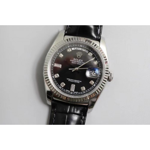 Rolex Day-date 36mm TR Best Edtion SS/LE Black Dial Black Leather Strap A2836