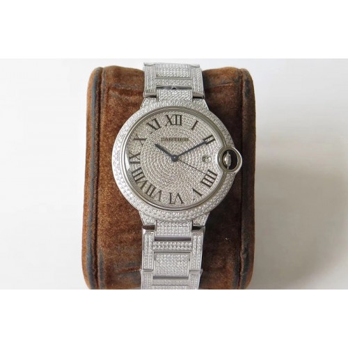 Cartier Ballon Bleu 42mm SS Full Paved Diamonds Dial on Diamonds Paved Bracelet MIYOTA 9015