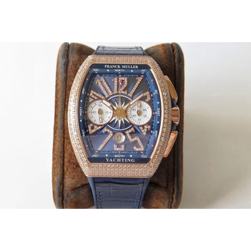 Franck Muller Vanguard V45 Chrono RG Full Diamonds OXF Best Edition Blue Textured Dial on Blue Gummy Strap A7750 Franck Muller Vanguard V45 Chrono RG Full Diamonds OXF Best Edition Blue Textured Dial on Blue Gummy Strap A7750