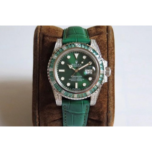 Rolex Submariner 116610 LV Green Diamonds Bezel Noob 1:1 Best Edition 904L SS And Green Leather Strap SA3135