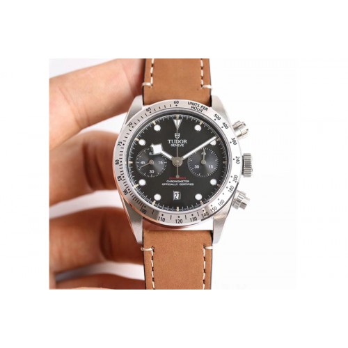Tudor Heritage 79530 SS Silver Bezel Best Edition Black Dial on Leather Strap A7750