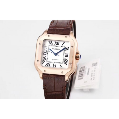 Santos de Cartier 35mm 2018 V6F 1:1 Best Edition White Dial RG Bezel on Deep Brown Leather Strap MIYOTA 9015