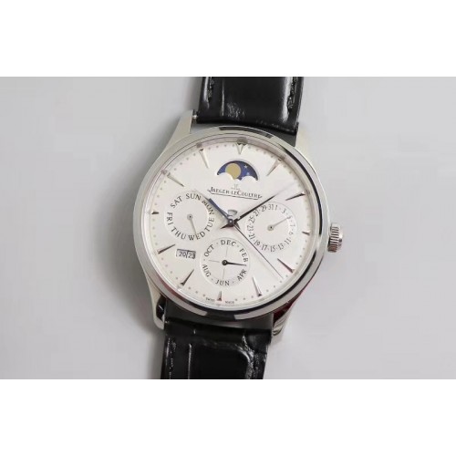 Jaeger-LeCoultre Master Ultra Thin Perpetual Calendar SS V9F 1:1 Best Edition White Dial on Black Leather Strap A868