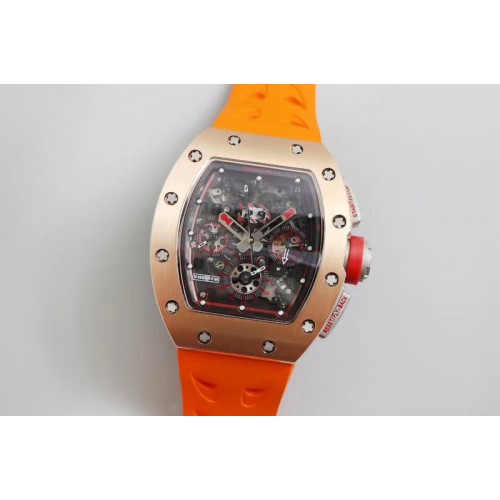 Richard Mille RM011-FM RG Chronograph Rose Gold Case KVF 1:1 Best Edtion Crystal Skeleton Dial On Orange Rubber Strap A7750 Richard Mille RM011-FM RG Chronograph Rose Gold Case KVF 1:1 Best Edtion Crystal Skeleton Dial On Orange Rubber Strap A7750
