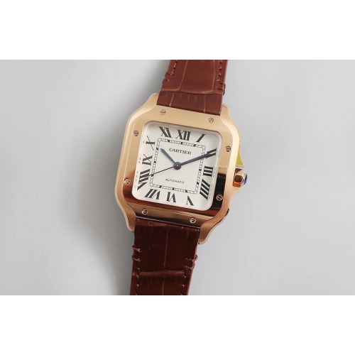 Santos de Cartier 35mm RG V6F 1:1 Best Edition White Dial on Brown Leather Strap MIYOTA 9015