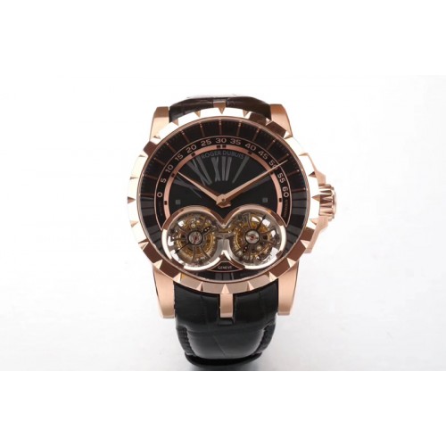 Roger Dubuis Excalibur RDDBEX0280 RG REAL Double Flying Tourbillon SS JBF Black Dial on Black Croco Leather Strap