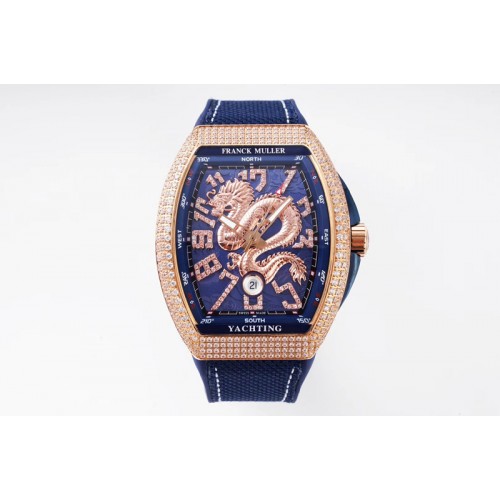 Franck Muller Vanguard V45 RG Full Diamonds ABF Best Edition Blue Textured Dial Diamonds Markers With Dragon on Blue Gummy Strap Franck Muller Vanguard V45 RG Full Diamonds ABF Best Edition Blue Textured Dial Diamonds Markers With Dragon on Blue Gummy Strap