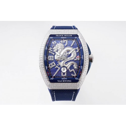 Franck Muller Vanguard V45 SS Full Diamonds ABF Best Edition Blue Textured Dial Diamonds Markers With Dragon on Blue Gummy Strap