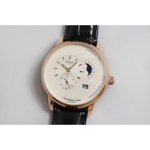 Glashutte PanoMaticLunar RG TZF White Dial on Black Leather Strap A23J