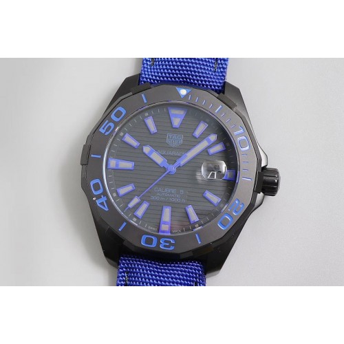 Tag Heuer Aquaracer Calibre 5 PVD 43mm OXF 1:1 Best Edition Ceramic Bezel Black Dial on Blue Nylon Strap SW200