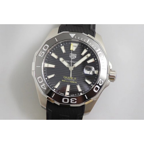 Tag Heuer Aquaracer Calibre 5 SS 43mm OXF 1:1 Best Edition Ceramic Bezel Black Dial "Double Yellow" on Rubber Strap SW200
