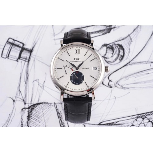 IWC Portofino Fake Power Reserve SS White/Black Dial on Black Leather Strap A23J