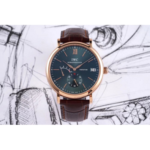 IWC Portofino Fake Power Reserve RG Green Dial on Brown Leather Strap A23J