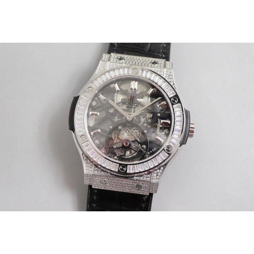 Hublot Classic Fusion Tourbillon 45mm SS JBF Best Edtion Skeleton Tourbillon Diamond Bezel on Black Gummy Strap Hub6010