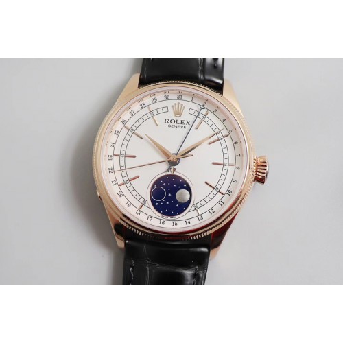 Rolex Cellini 50535 Moonphase RG ZZ Best Edition White Dial on Brown Leather Strap A2824