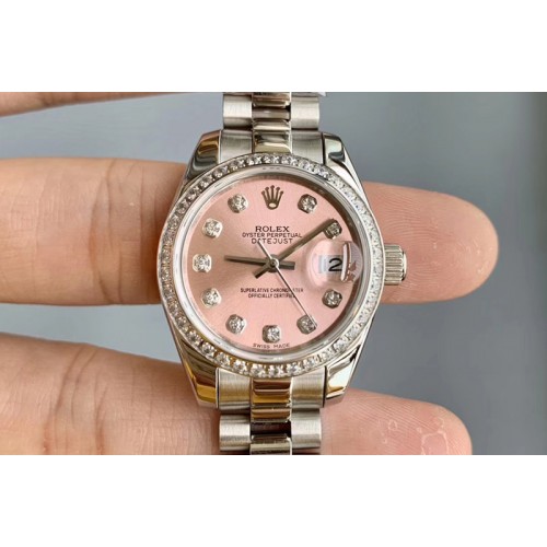 Ladies Rolex Datejust 28mm 279174 SS Pink Dial Diamonds Bezel on SS Oyster Bracelet Eta2671