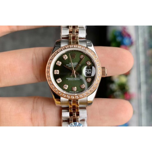 Ladies Rolex Datejust 28mm 279174 WF Best Edtion SS/RG Green Dial Diamond Bezel on SS/RG Jubilee Bracelet Eta2671