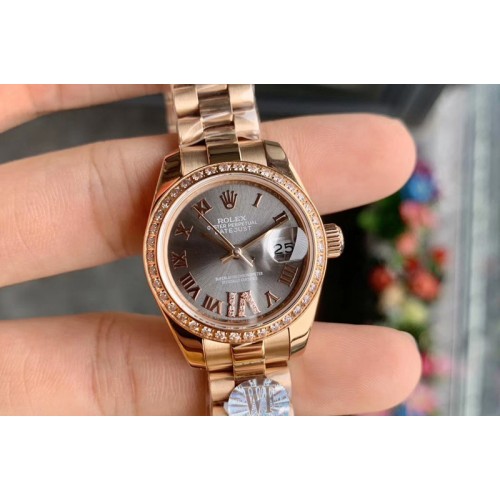 Ladies Rolex Datejust 28mm 279174 WF Best Edtion RG Gray Dial Diamond Bezel Roman Marker on RG President Bracelet Eta2671