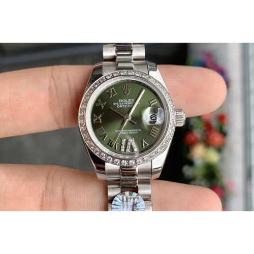 Ladies Rolex Datejust 28mm 279174 WF Best Edtion SS Green Dial Diamond Bezel on SS Oyster Bracelet Eta2671
