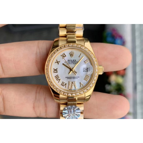 Ladies Rolex Datejust 28mm 279174 WF Best Edtion YG Mop White Dial Diamond Bezel Roman Marker on YG President Bracelet Eta2671 Ladies Rolex Datejust 28mm 279174 WF Best Edtion YG Mop White Dial Diamond Bezel Roman Marker on YG President Bracelet Eta2671