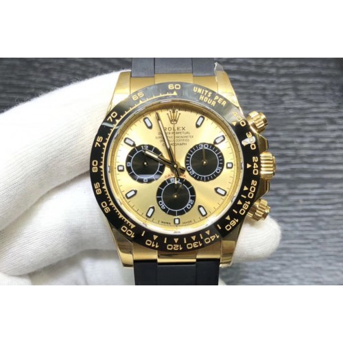 Rolex Daytona 116518 Noob 1:1 Best Edition YG Plated 904L SS Case YG/Black Dial on Black Rubber Strap SA4130 V3 (Free Extra Stra