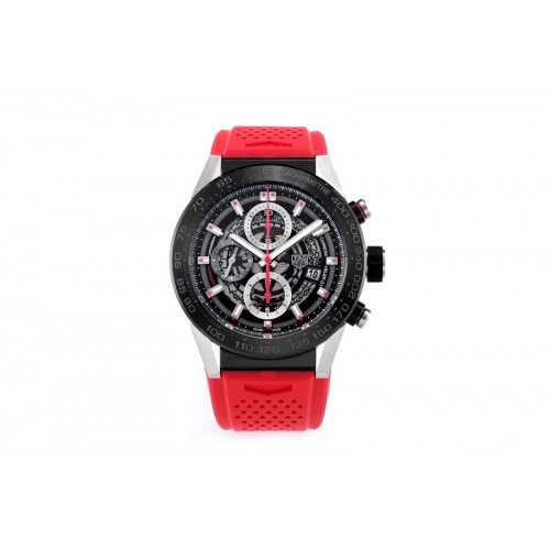 Tag Heuer Calibre Heuer 01 Chrono SS/PVD XF 1:1 Best Edition Skeleton Dial Red Hand on Red Rubber Strap A1887