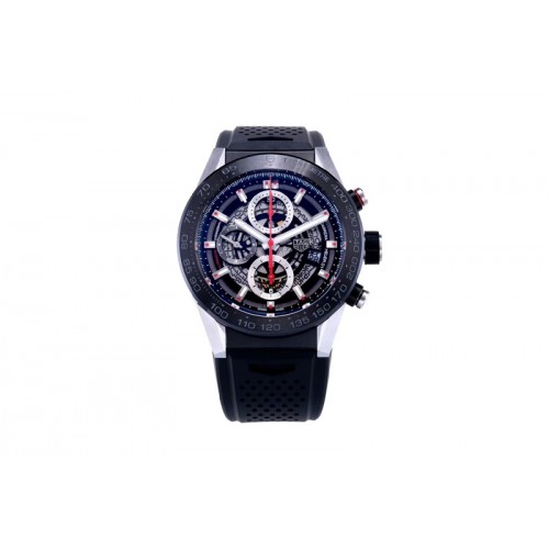 Tag Heuer Calibre Heuer 01 Chrono SS/PVD XF 1:1 Best Edition Skeleton Dial Red Hand on Black Rubber Strap A1887