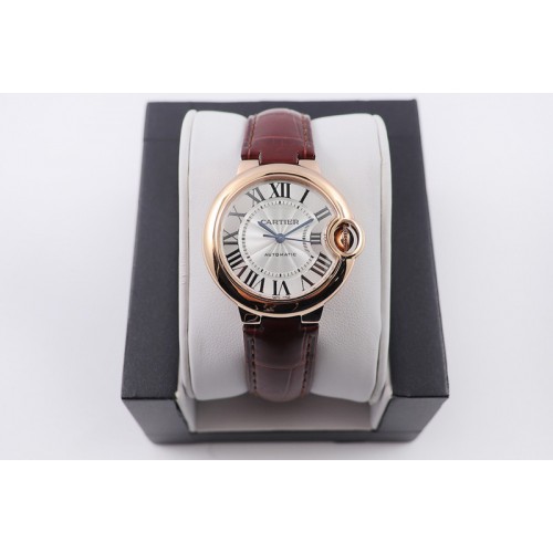 Cartier Ballon Bleu 33mm RG AF 1:1 Best Edition White Textured Dial on Brown Croco Leather Strap Cal.076