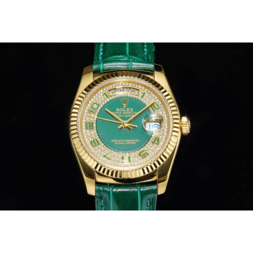Rolex 118138 Day-Date President Watch in Diamond/Green Dial and Green Leather Strap With A2836