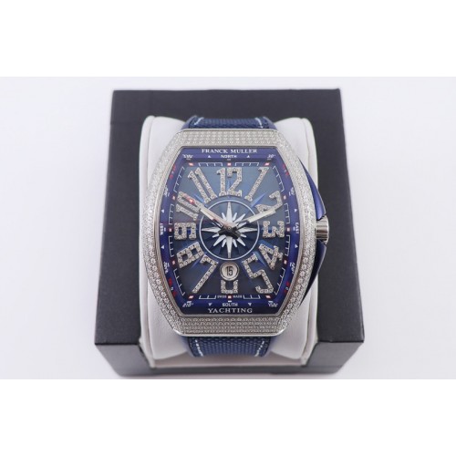 Franck Muller Vanguard V45 SS ZF Best Edition Diamond Bezel Blue Textured Dial on Blue Rubber Strap MIYOTA 9015