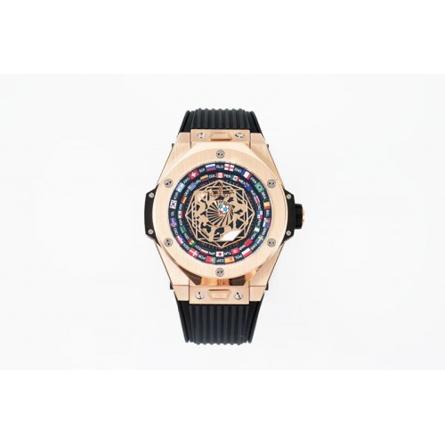 Hublot Big Bang Unico Sang Bleu RG HBF Flags Inner Bezel Skeleton Dial on Black Gummy Strap HUB1213