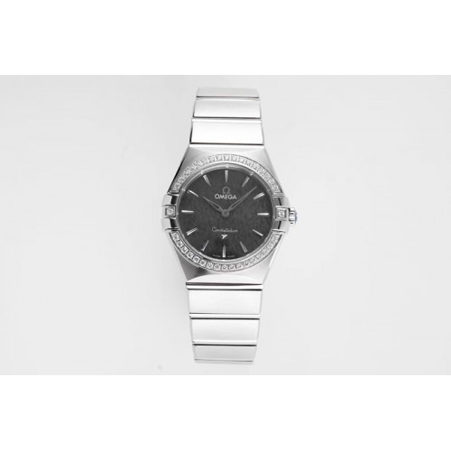 Omega Constellation Ladies SS 28mm AF 1:1 Best Edition Diamonds Bezel Black Textured Dial on SS Bracelet ETA Quartz Omega Constellation Ladies SS 28mm AF 1:1 Best Edition Diamonds Bezel Black Textured Dial on SS Bracelet ETA Quartz