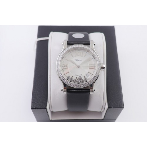 Chopard Happy Sport Automatic 278559 SS 30mm YF 1:1 Best Edition Diamond Bezel White Dial on Black Leather Starp A2892