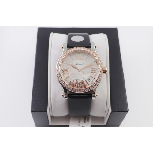 Chopard Happy Sport Automatic 278559 RG 30mm YF 1:1 Best Edition Diamond Bezel White Dial on Black Leather Starp A2892